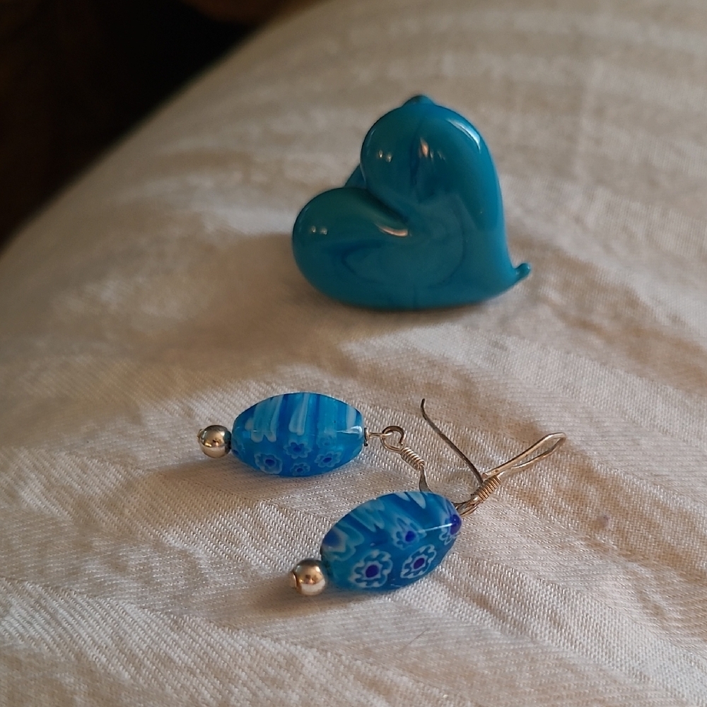 Blue Glass Blown Look Earrings& Glass Heart Ring